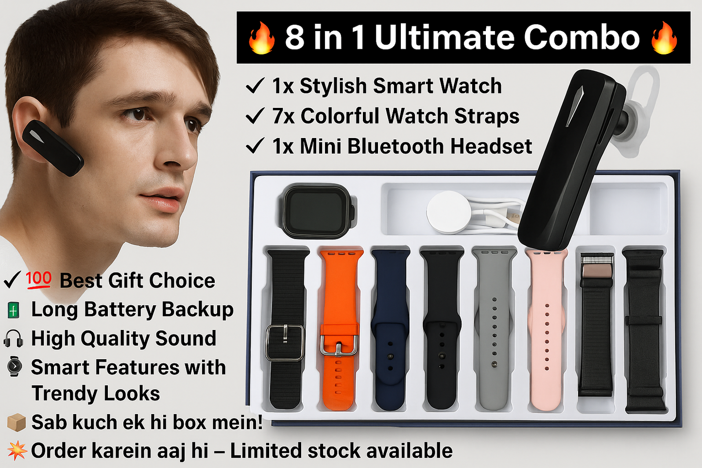 Bluetooth & smart Watch Combo set | 9 Godets set  | 1 Smartwatch with 7 belt | 1 M-11 Bluetooth Headset  |
