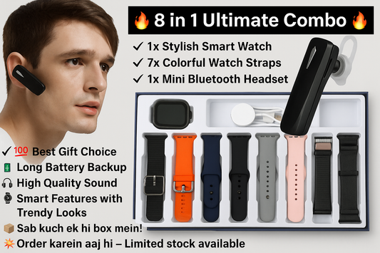 Bluetooth & smart Watch Combo set | 9 Godets set  | 1 Smartwatch with 7 belt | 1 M-11 Bluetooth Headset  |