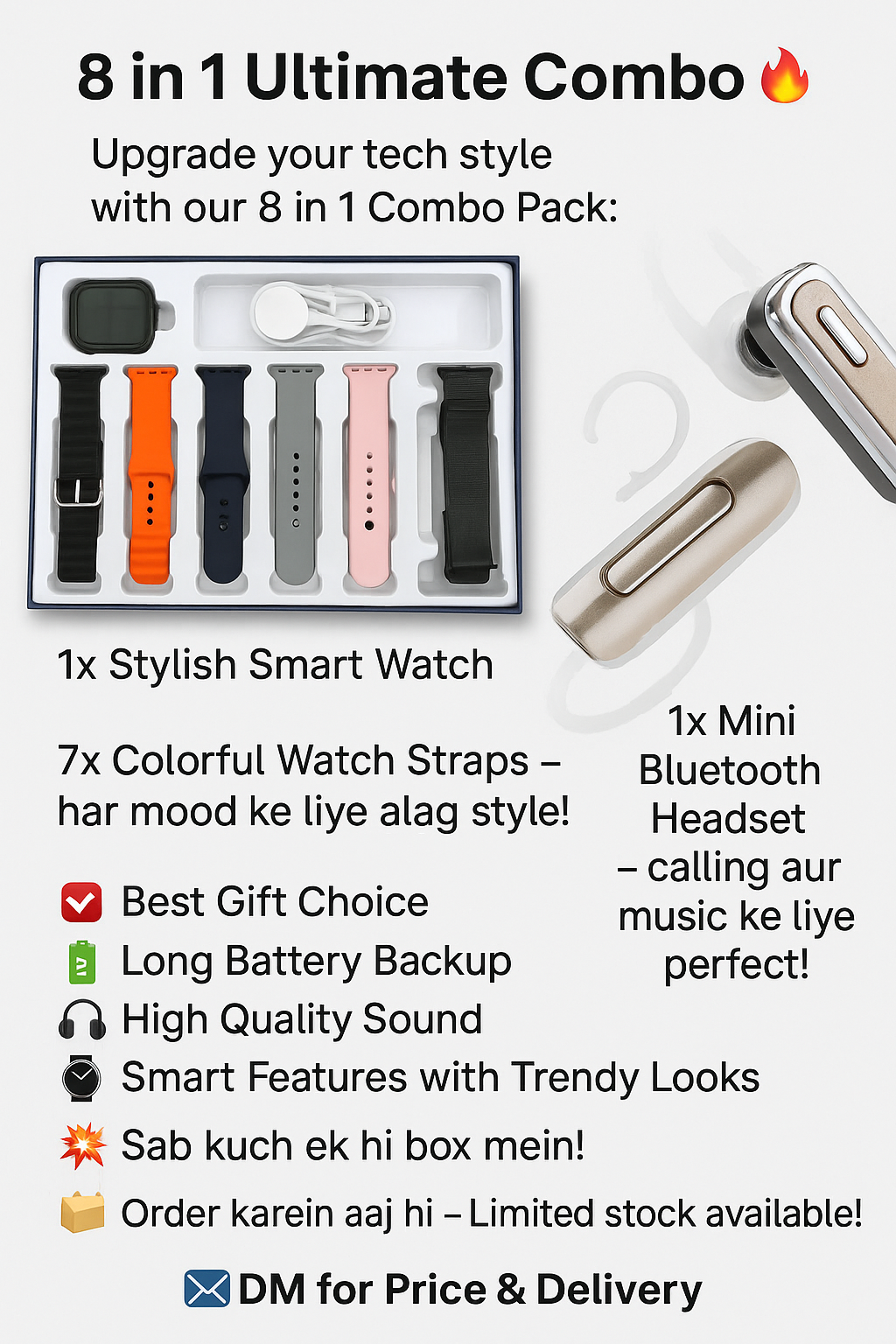 Bluetooth & smart Watch Combo set | 9 Godets set  | 1 Smartwatch with 7 belt | 1 M-11 Bluetooth Headset  |