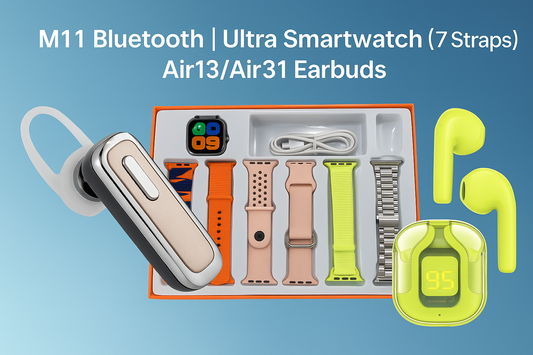 10 in - 1 Gadget Combo |  1 M11 Bluetooth | 1 Smart Watch |7 Belt |  1 Air 13 Earbuds
