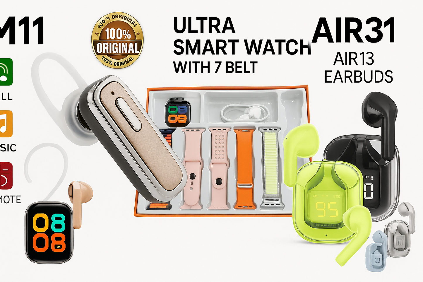 10 in - 1 Gadget Combo |  1 M11 Bluetooth | 1 Smart Watch |7 Belt |  1 Air 13 Earbuds