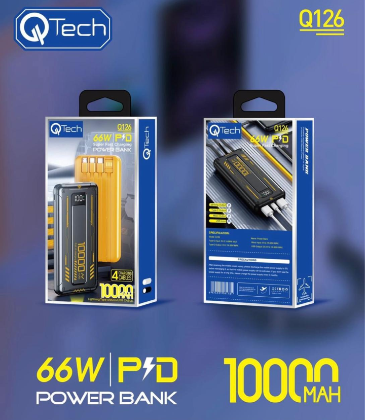 QTech Q126 10000mAh 66W PD Fast Charging Power Bank with 4 Cables