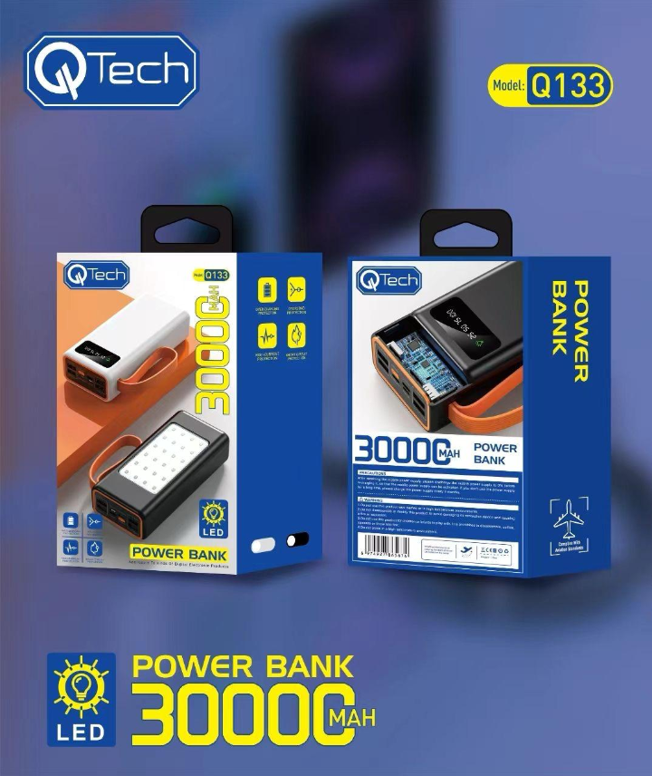 Q133: High-Capacity 30000mAh Power Bank with Bright LED