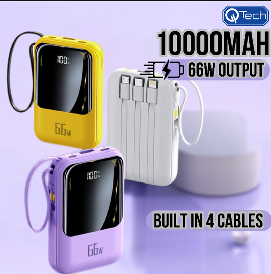 QTech 10000mAh Power Bank (66W/PD20W) + 4 Built-In Cables - Q129