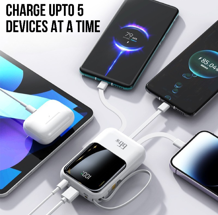 QTech 10000mAh Power Bank (66W/PD20W) + 4 Built-In Cables - Q129
