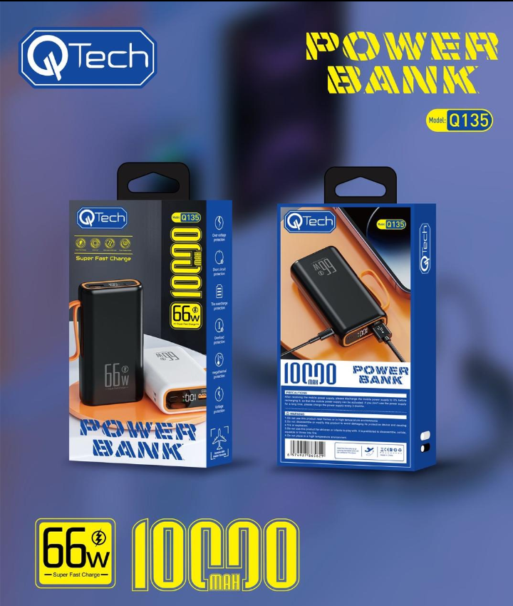 QTech 10000mAh Super Fast Charge Power Bank (66W) - Q135 Series