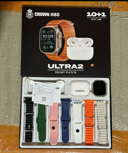 CROWN H80 Ultra 2 Smartwatch  METAL CHAIN + 6 SLILICON BELT + AIRPODS | 10 In 1 |