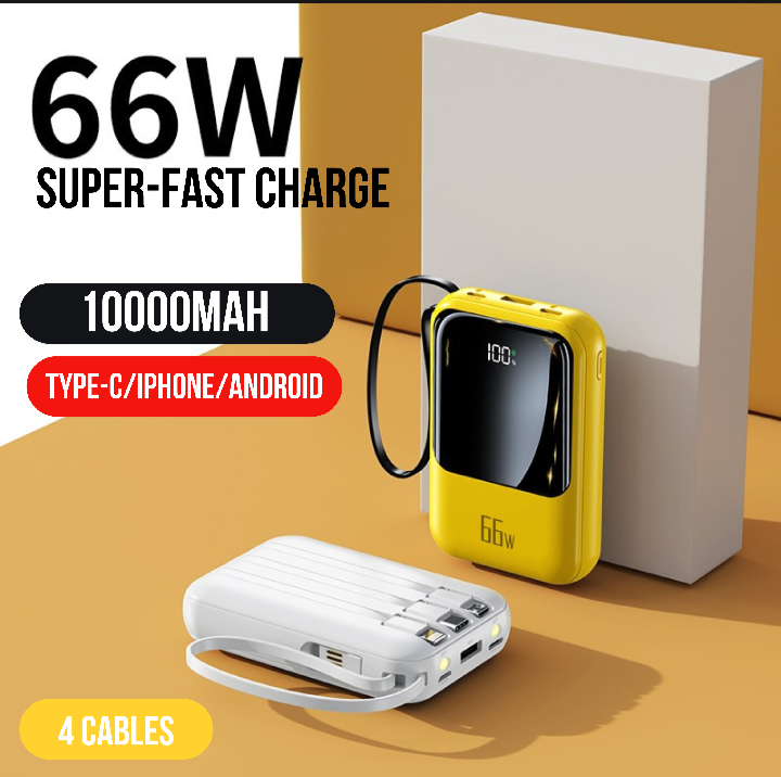 QTech 10000mAh Power Bank (66W/PD20W) + 4 Built-In Cables - Q129