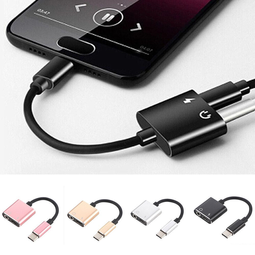 NEW 2in1 USB C Type C to 3.5mm Jack AUX Audio Adapter Charging Cable Headphone